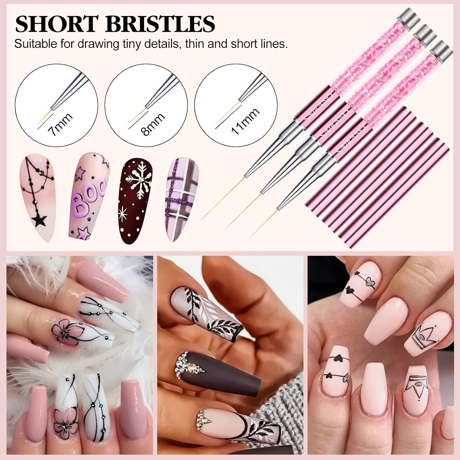 SAVILAND 6pcs Nail Art Liner Brushes Set: Nail Brush Gel Polish Painting Nail Art Design Brushes Pen with Crushed Diamond Rhinestone Handle for Pulling Lines,Sizes 7/9/11/13/17/23 mm