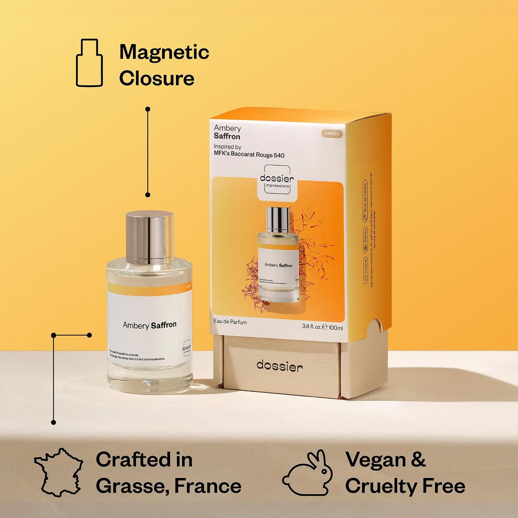 Dossier - Ambery Saffron - Inspired By Baccarat Rouge 540 - Eau De Parfum - Long-Lasting Fragrance - Unisex - 3.4 Fl Oz (100Ml)
