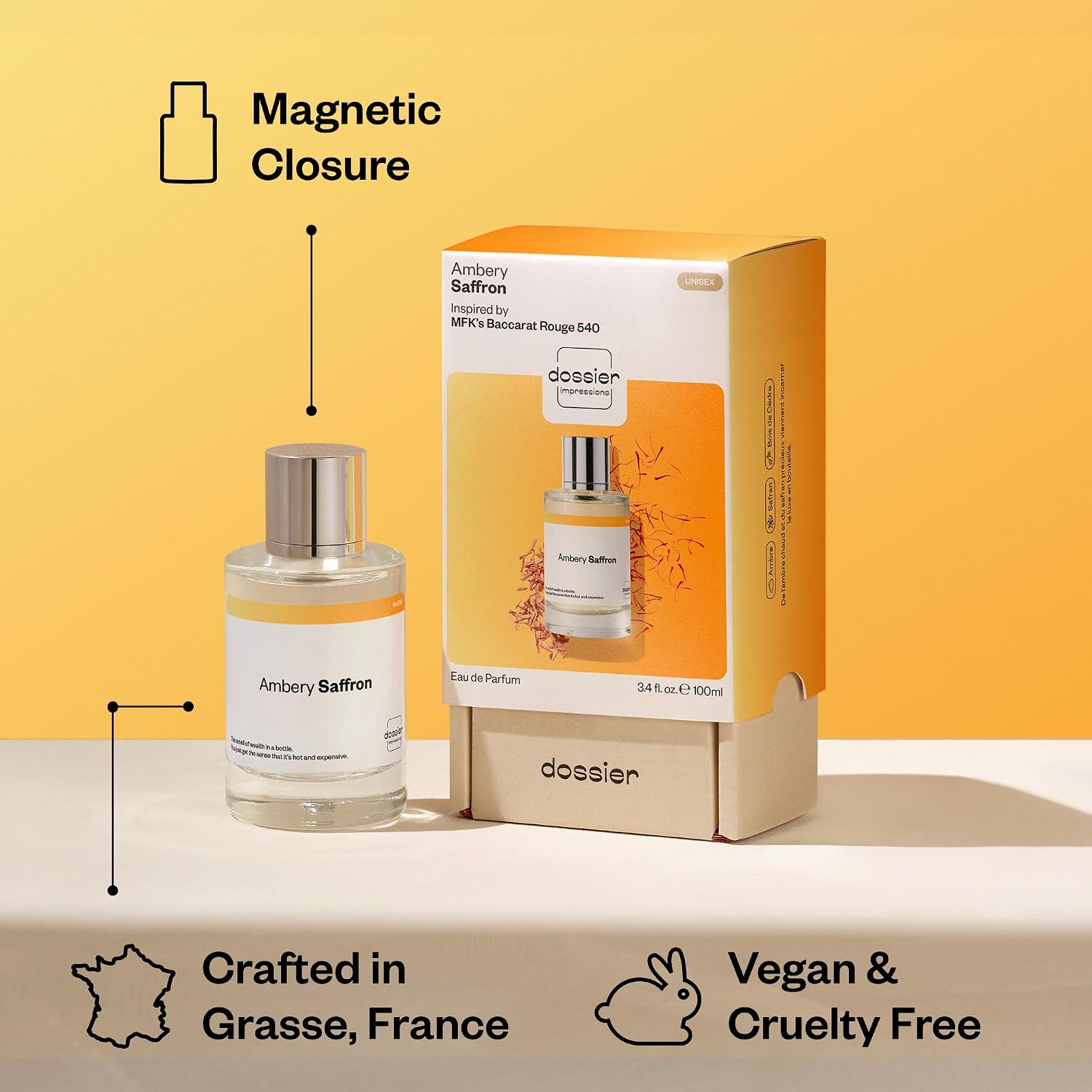 Dossier - Ambery Saffron - Inspired By Baccarat Rouge 540 - Eau De Parfum - Long-Lasting Fragrance - Unisex - 3.4 Fl Oz (100Ml)