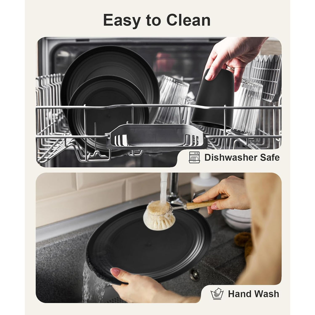Quatish 24 Piece Plates and Bowls Sets for 6, Unbreakable Dinnerware Sets, Dish Set for Camping, Dishwasher Microwave Safe, Outdoor Kitchen and Apartment Dinning RV Essentials, Black