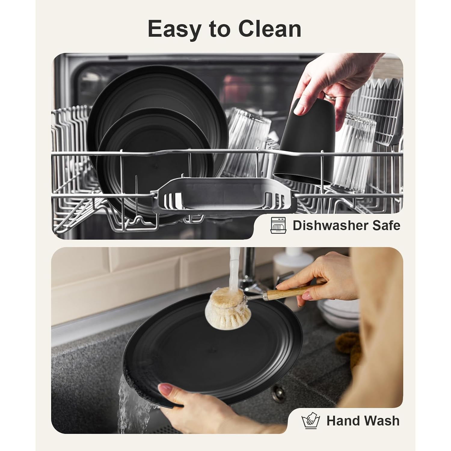 Quatish 24 Piece Plates and Bowls Sets for 6, Unbreakable Dinnerware Sets, Dish Set for Camping, Dishwasher Microwave Safe, Outdoor Kitchen and Apartment Dinning RV Essentials, Black