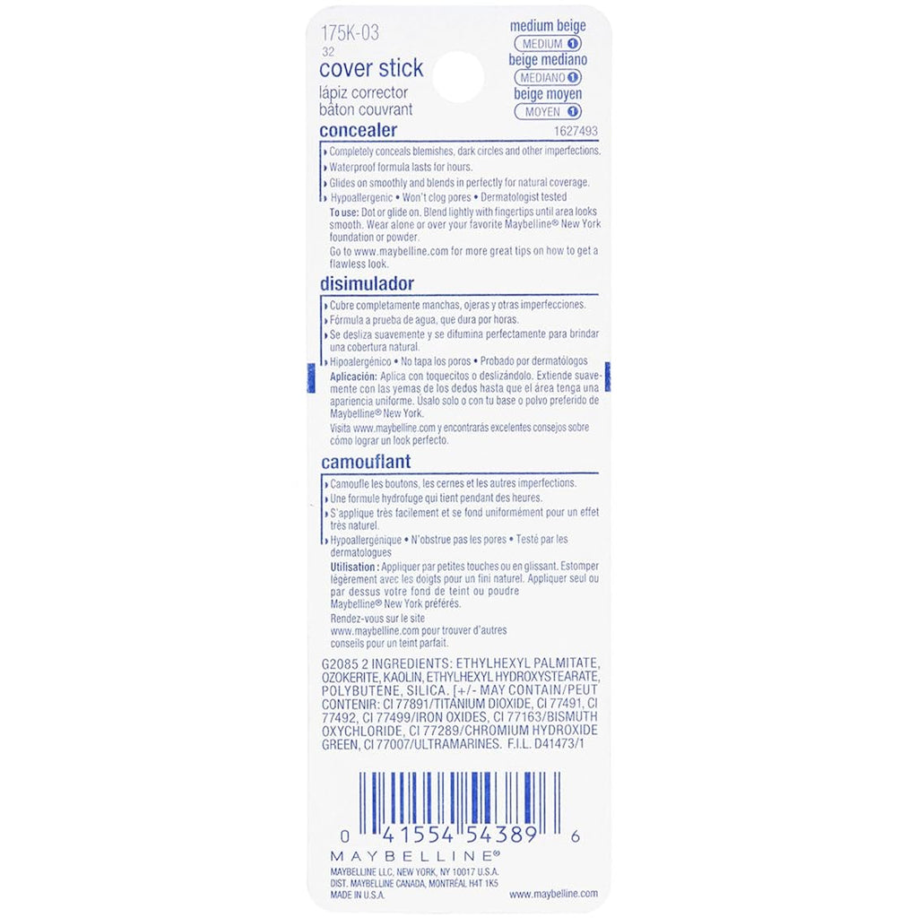 Maybelline New York Cover Stick Corrector Concealer, Medium Beige, 0.16 oz.