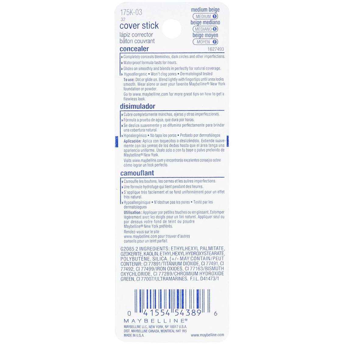 Maybelline New York Cover Stick Corrector Concealer, Medium Beige, 0.16 oz.