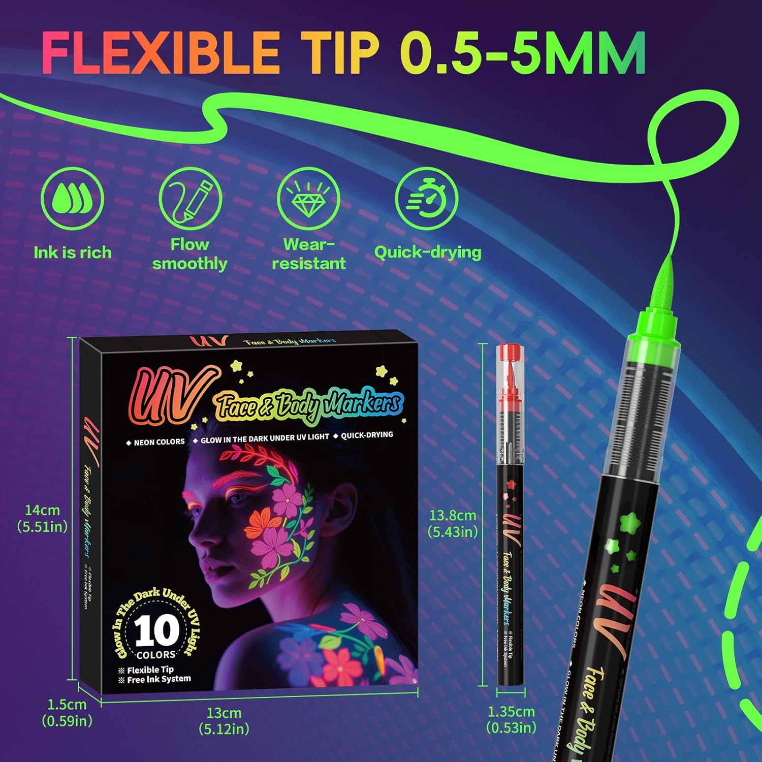 10-color glow-in-the-dark body painting, UV neon face paint brush, glow-in-the-dark face paint set, washable skin tattoo pen, Halloween party makeup (10 colors)