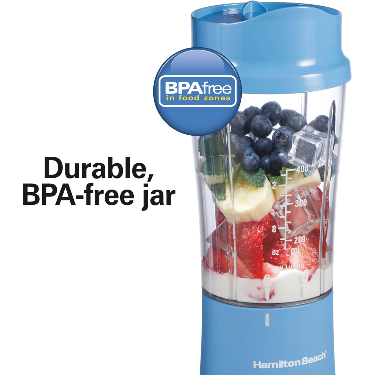 Hamilton Beach Portable Blender for Shakes and Smoothies, 14 Oz BPA Free Travel Cup & Lid, Durable Stainless Steel Blades, Personal Smoothie Blender, Tranquil Blue (51172)