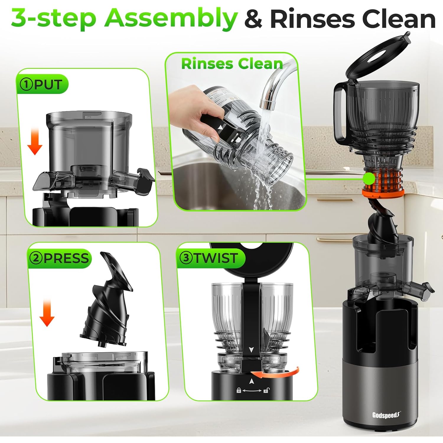 Godspeeds Juicer Machines with 5.8" Large Feed Chute, Slow Masticating Cold Press Juicer for Whole Fruits & Vegetables, Easy to Clean Design, High Juice Yield Home Juicer for Daily Wellness