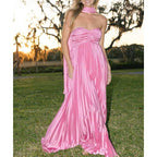 Women Bridesmaid Dress With Scarf Strapless Pleated Satin Flowy Formal Evening Gown Maxi Dresses