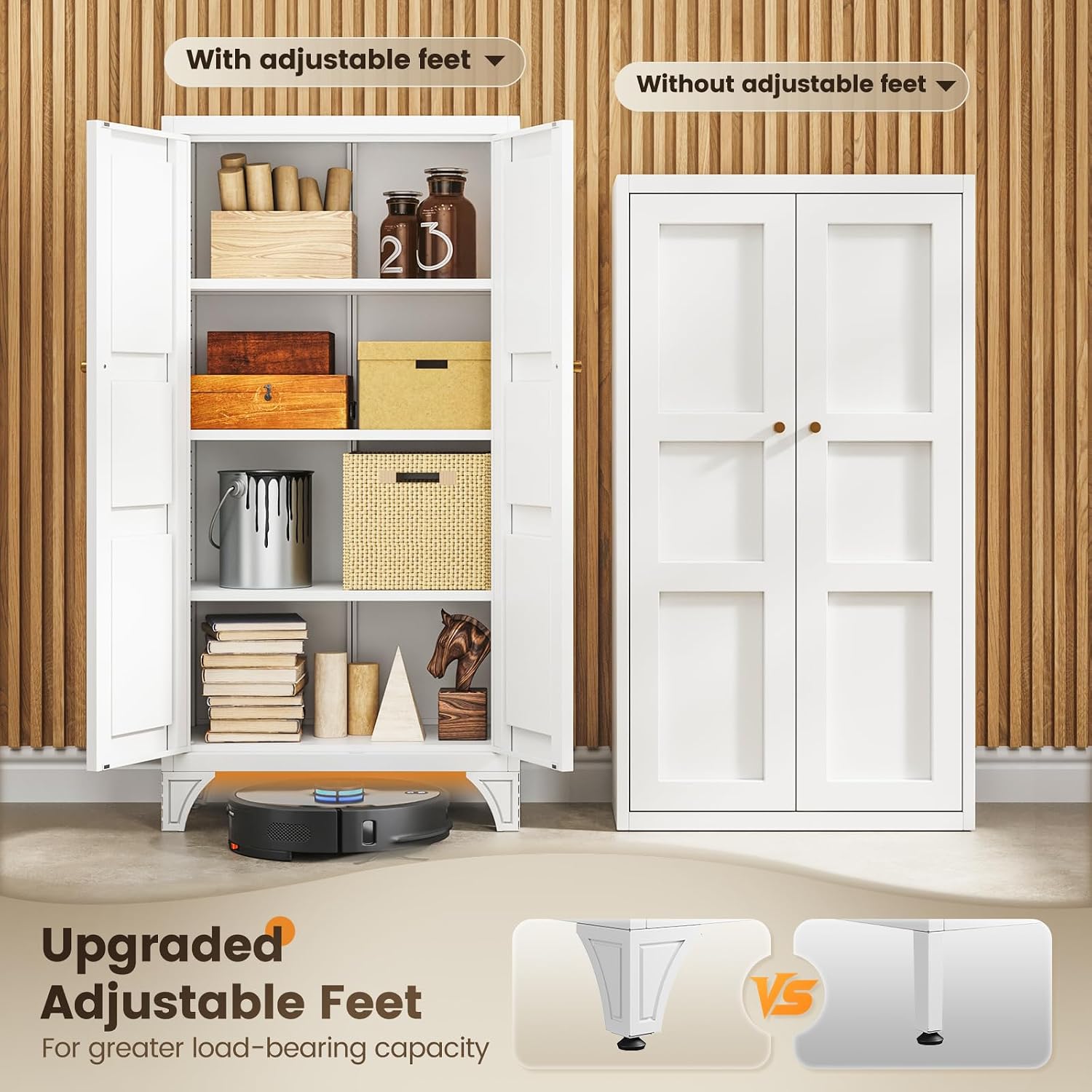 Metal Storage Cabinet With Doors And 3 Adjustable Shelves - 47" White Kitchen Pantry Storage Cabinet Locker For Kitchen,Living Room,Dining Room