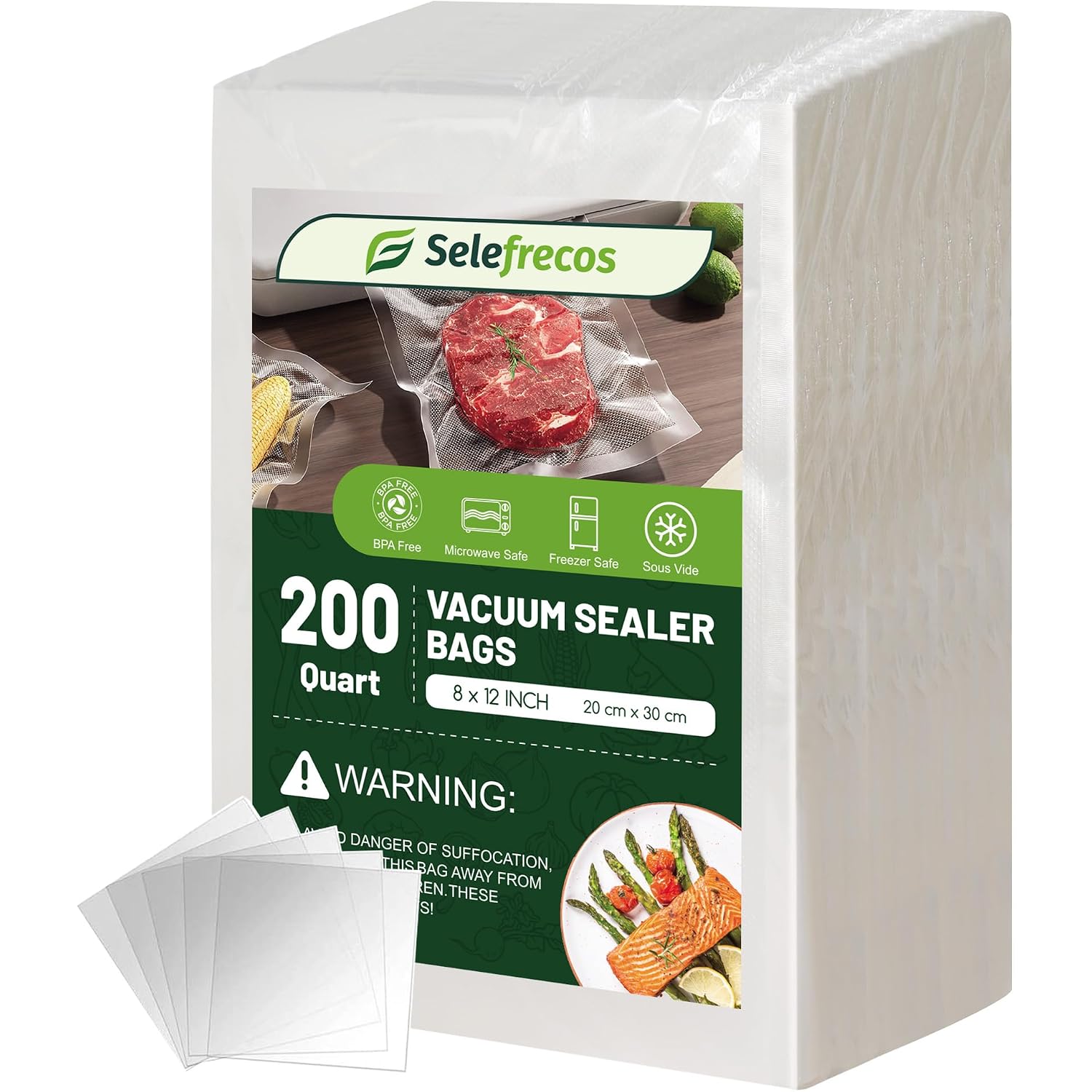Vacuum Sealer Bags, 200 Quart Bpa Free 8X12 Inch Vacuum Seal Bags For Food Saver, Seal A Meal, Weston. Heavy Duty Commercial Grade Vacuum Food Storage Bags For Sous Vide Freezer Vac Storage Meal Prep