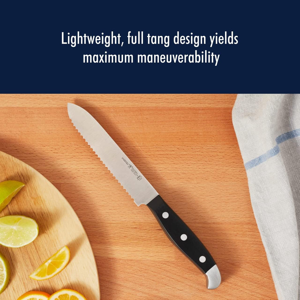 HENCKELS Statement Razor-Sharp 5-inch Serrated Utility Knife, Tomato Knife, German Engineered Informed by 100+ Years of Mastery, Black/Stainless Steel