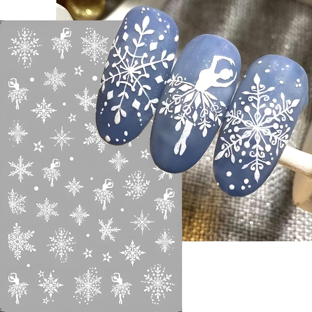 9 Sheets Christmas Snowflake Nail Art Stickers, Winter Romance Nail Decals, White Reindeer 3D Self-Adhesive Nail Sticker, Holiday DIY Manicure Decoration Supplies Accessories for Women Girls