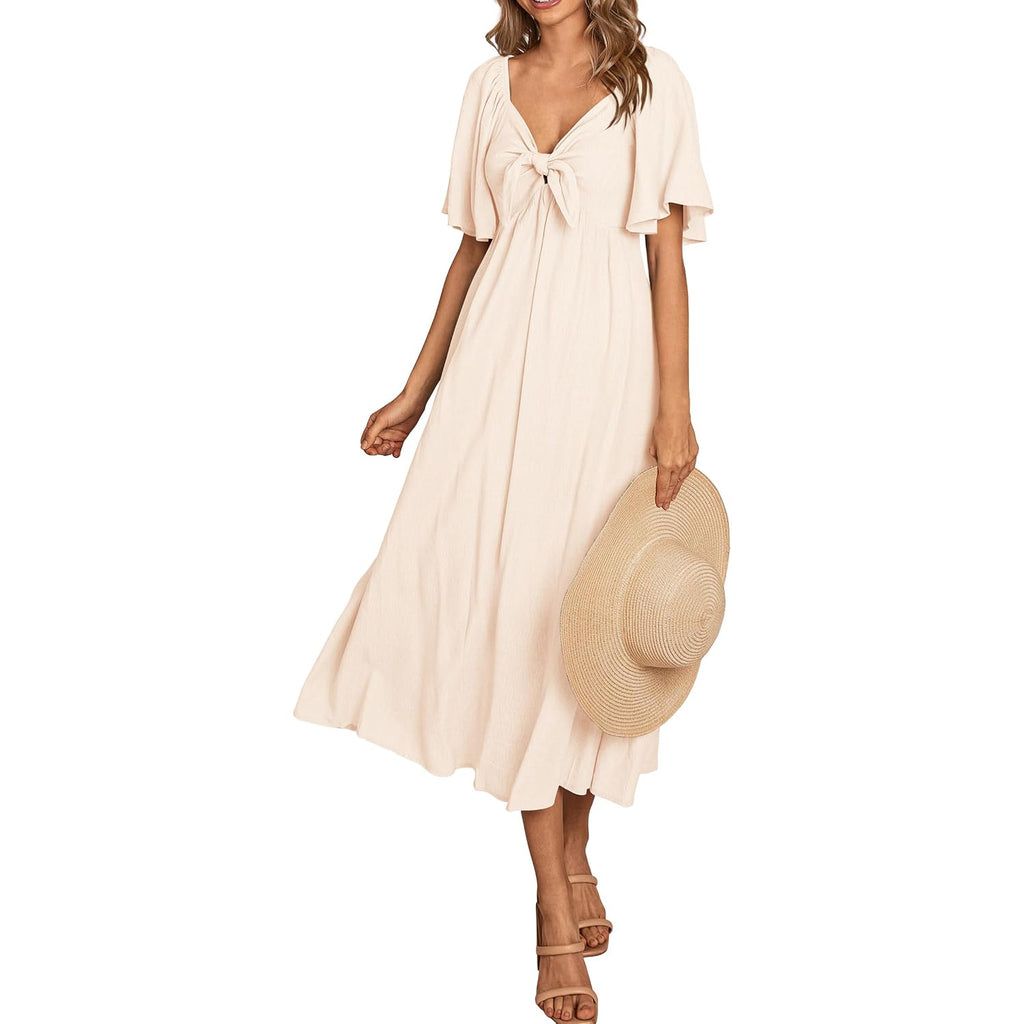 Prettygarden Summer Dress For Women 2026 Casual Short Sleeve Bow Tie V Neck Ruffle Midi Flowy Dresses