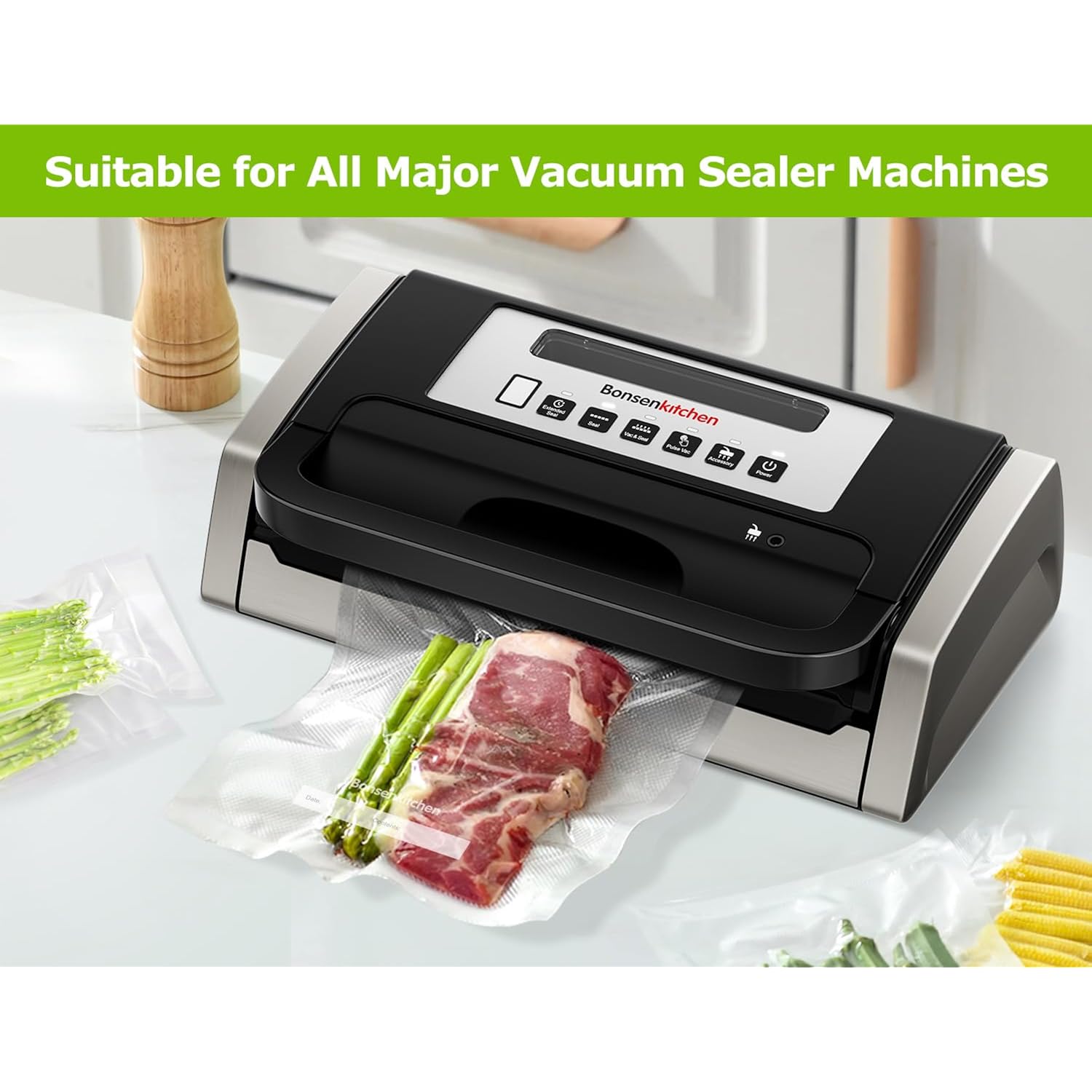 Bonsenkitchen Vacuum Sealer Bags, 20 Gallon 11" x 16"+ 80 Quart 8" x 12"+ 50 Pint 6" x 10", Commercial Grade, BPA Free, Food Sealer Bags for Vac Storage, Meal Prep or Sous Vide Cooking, VB15