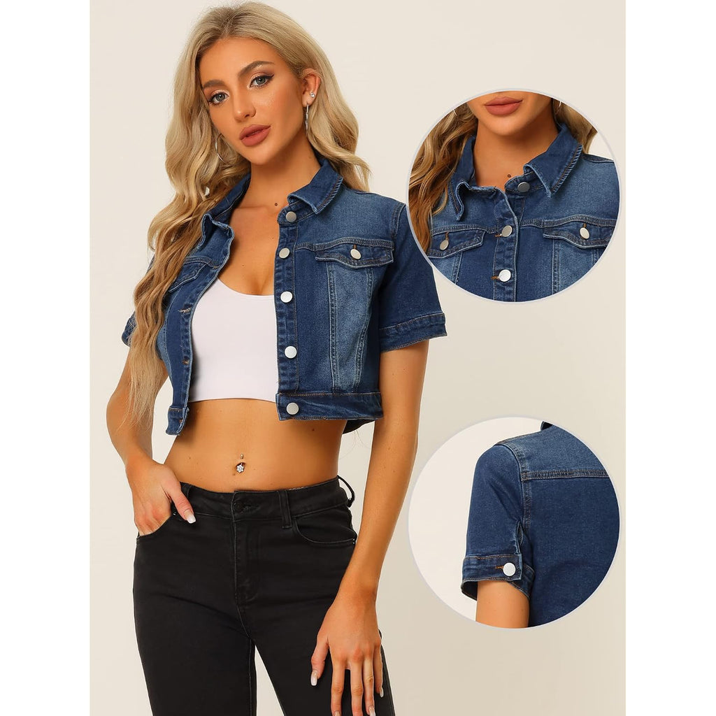 Allegra K Casual Denim Jacket For Women Short Sleeves Crop Jean Denim Jacket