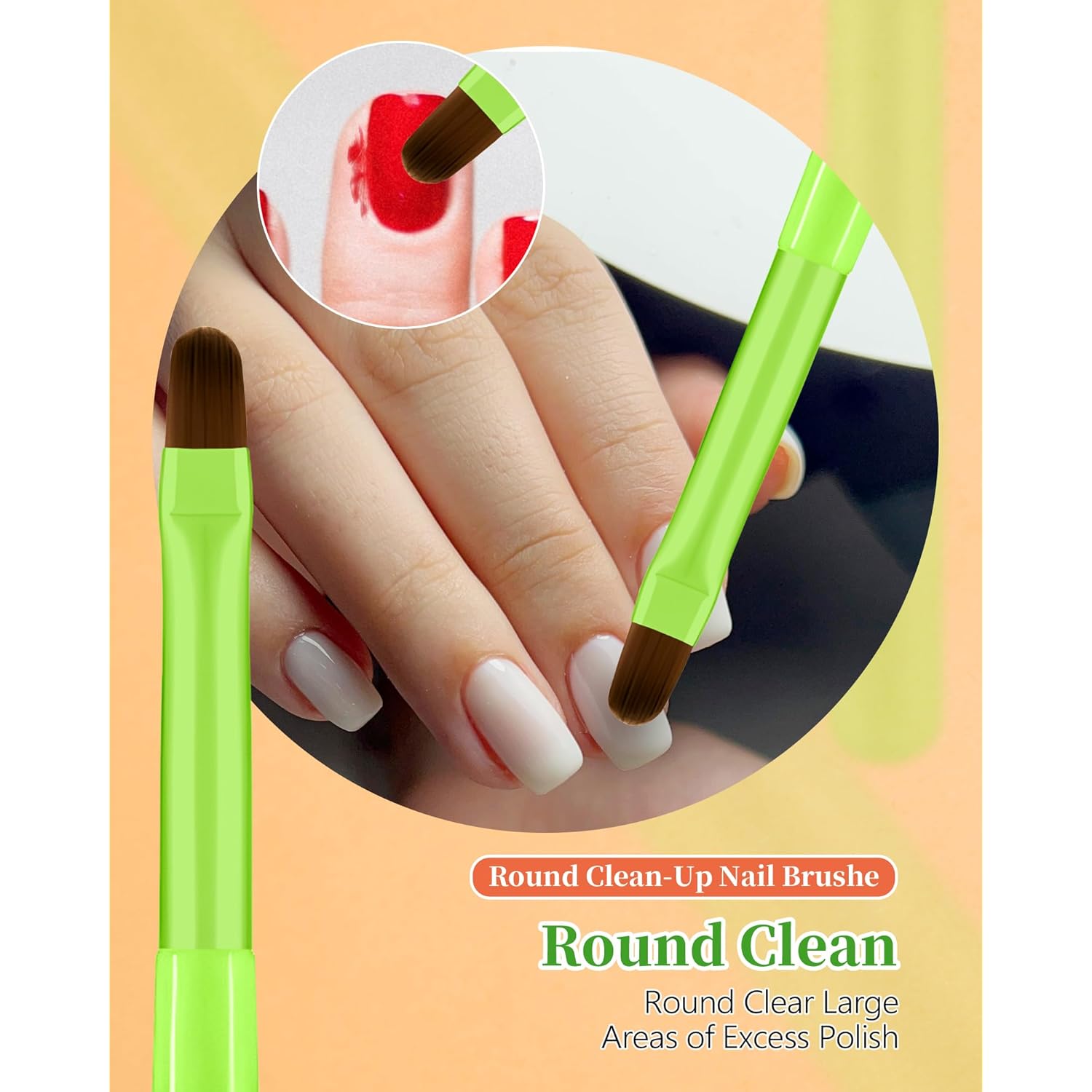 3PCS Nail Polish Clean Up Brush, Round&Falt&Angled Acetone Resistant Nail Brush for OPI Nail Polish Remover, Fingernail Cleaning Brushes at Home Nail Art and Designs(Bright Green)