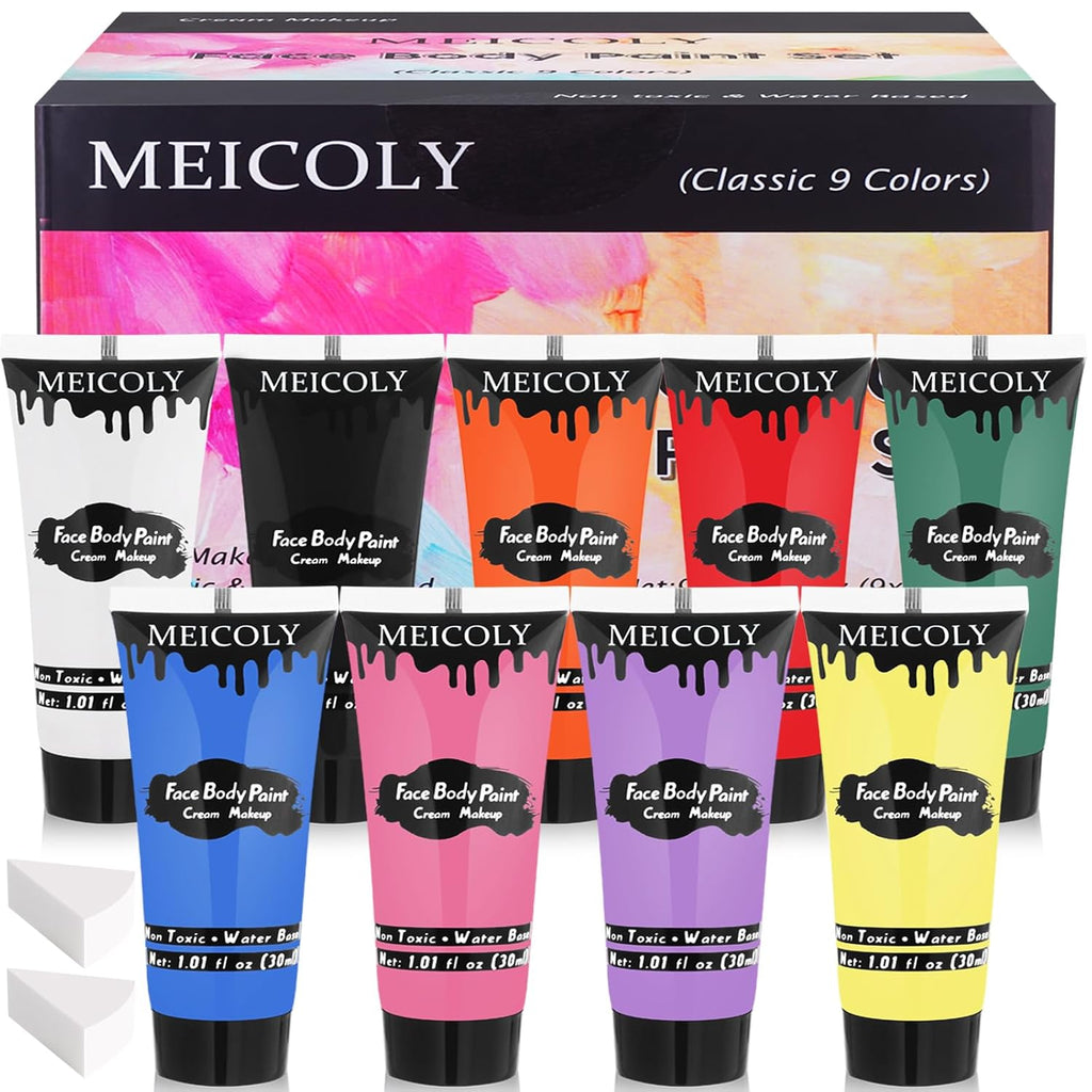 9 Colors Face Body Paint Set,1.01X9Oz/Box,Water Based Washable Face Paint For Adult Kid,Elphaba Green Face Paint,Safe Body Paint For Skin,Red White Blue Face Painting Kit For Halloween Makeup