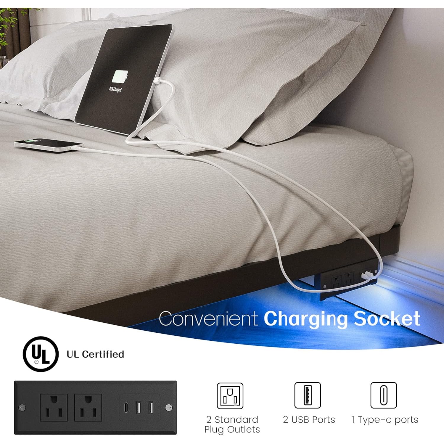 Olevs Floating Bed Frame Queen Size With Smart Led Lights And Charging Station - Modern Metal Platform Bed, Easy Assembly No Box Spring Needed