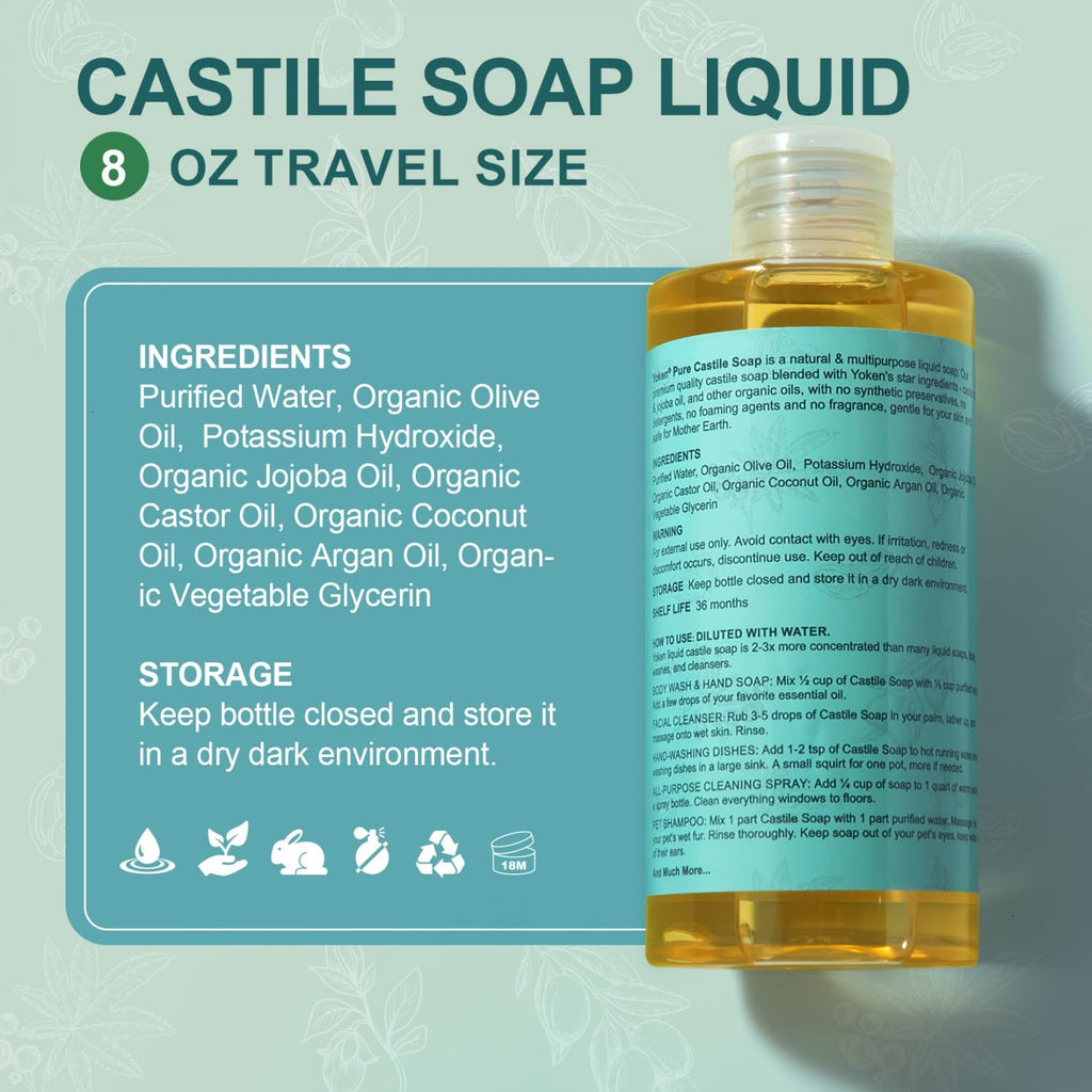 Yoken Pure Castile Liquid Soap 8 Oz Unscented With Organic Oil Ewg Verified