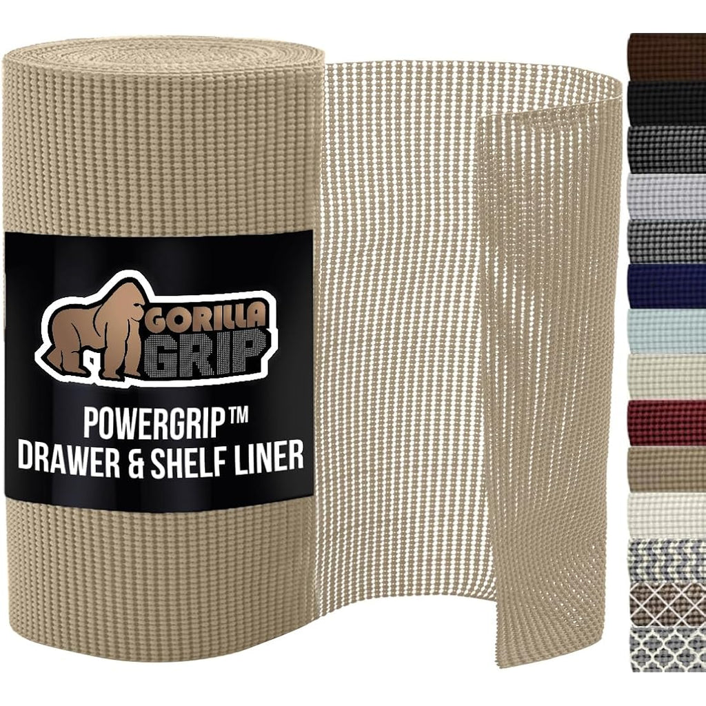 GORILLA GRIP powerGRIP Drawer Shelf and Cabinet Liner, Thick Strong Hold, Non-Adhesive Liners Protect Kitchen Cabinets and Cupboard, Bathroom Drawers, Easy Install, Breathable Mat, 12" x10', Beige