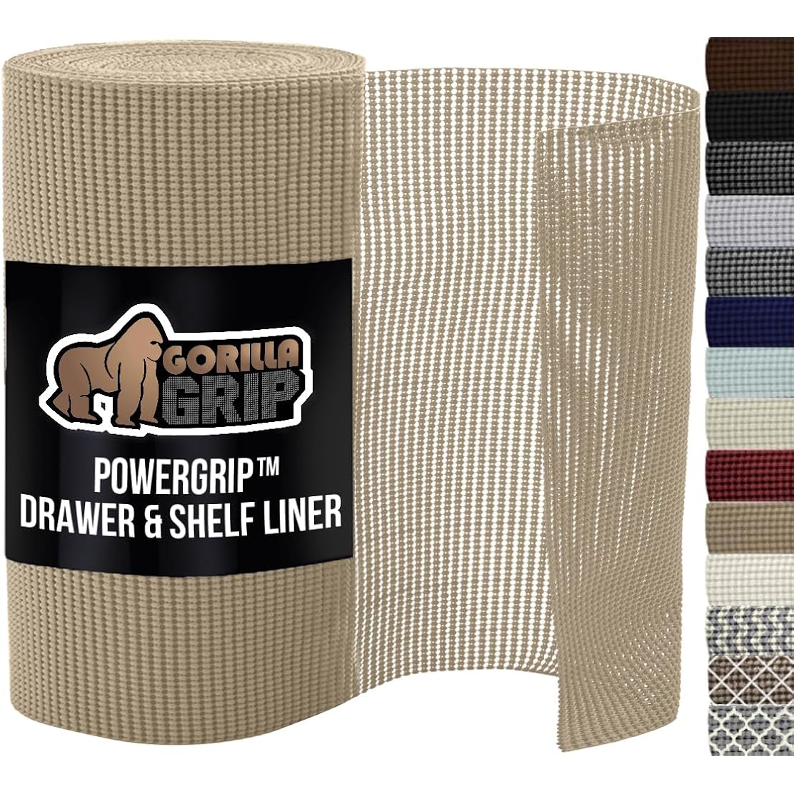 GORILLA GRIP powerGRIP Drawer Shelf and Cabinet Liner, Thick Strong Hold, Non-Adhesive Liners Protect Kitchen Cabinets and Cupboard, Bathroom Drawers, Easy Install, Breathable Mat, 12" x10', Beige