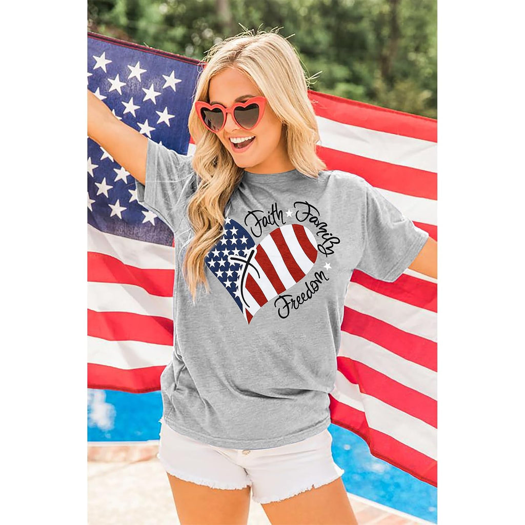 4th of July Shirts Women Faith Family Freedom Tshirt American Flag T Shirts Star Stripes Patriotic Shirts Top