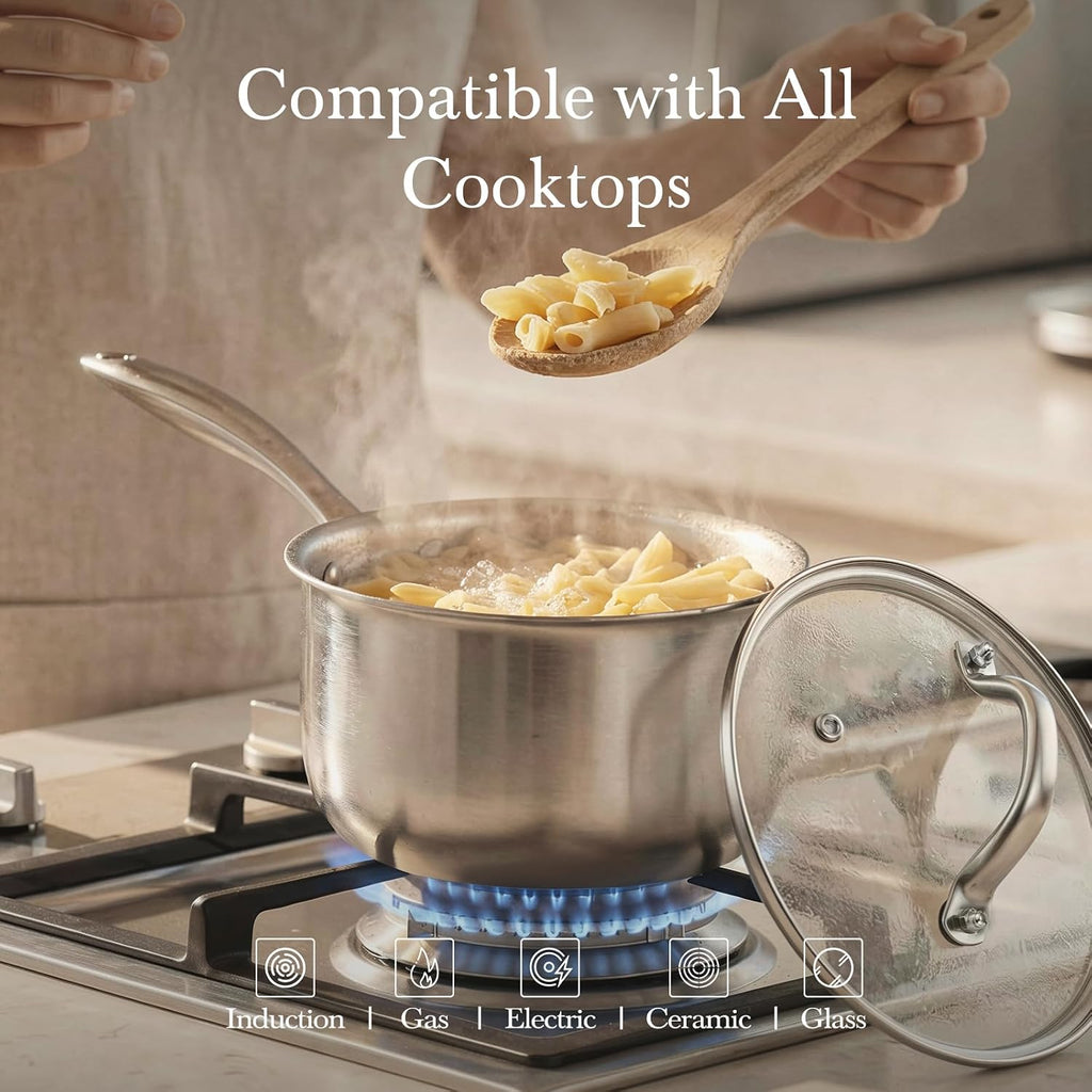 Tri-Ply Stainless Steel Pot - 1.5 Qt & 2.5 Qt Heavy Duty Sauce Pan With Lid, Nonstick Stainless Steel Cookware Set Cooking Pot, Multipurpose Saucepan With Stay Cool Handle