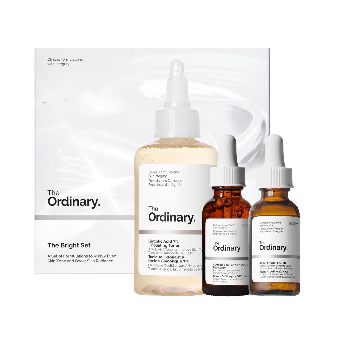The Ordinary The Bright Set, 3-Step Regimen For Radiant, Even Skin Tone With Glycolic Acid 7% Exfoliating Toner, Alpha Arbutin 2% + Ha, And Caffeine Solution 5% + Egcg Eye Serum | Skin Care Set