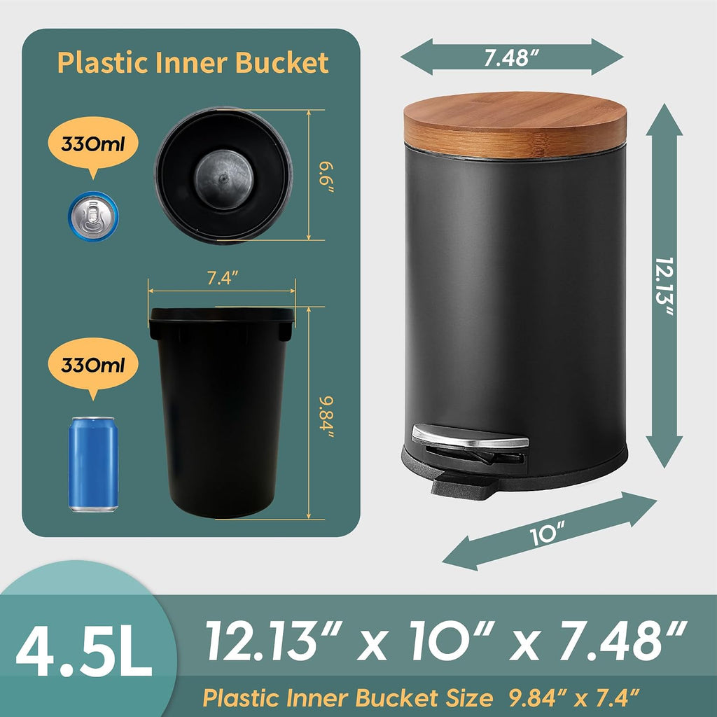 Sunnypoint Elite Bamboo Lid 4.5 Liter / 1.2 Gallon Round Trash Can With Plastic Inner Bucket; Bathroom, Office, Kitchen And Bedroom Step On And Slow Close (Black)