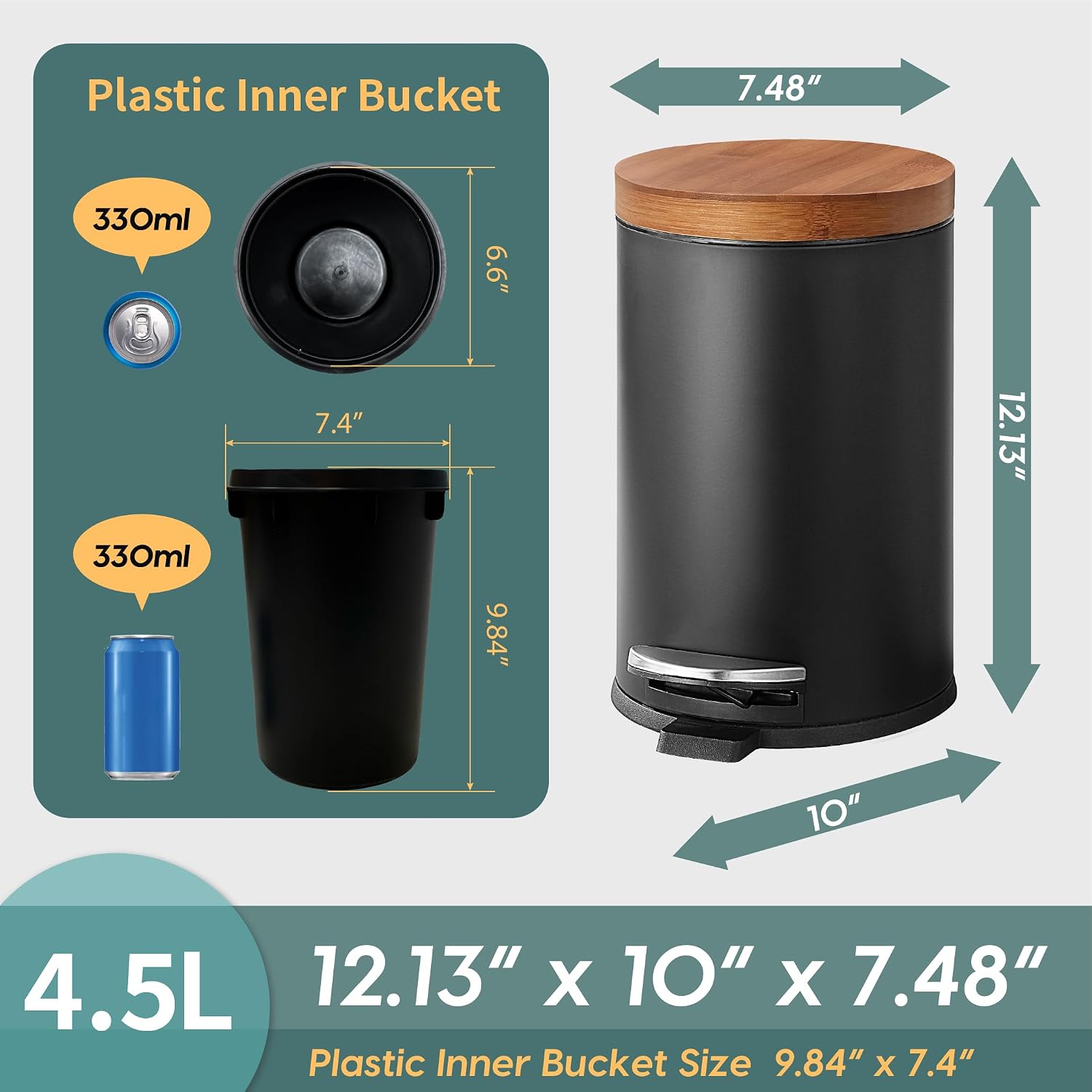 Sunnypoint Elite Bamboo Lid 4.5 Liter / 1.2 Gallon Round Trash Can With Plastic Inner Bucket; Bathroom, Office, Kitchen And Bedroom Step On And Slow Close (Black)