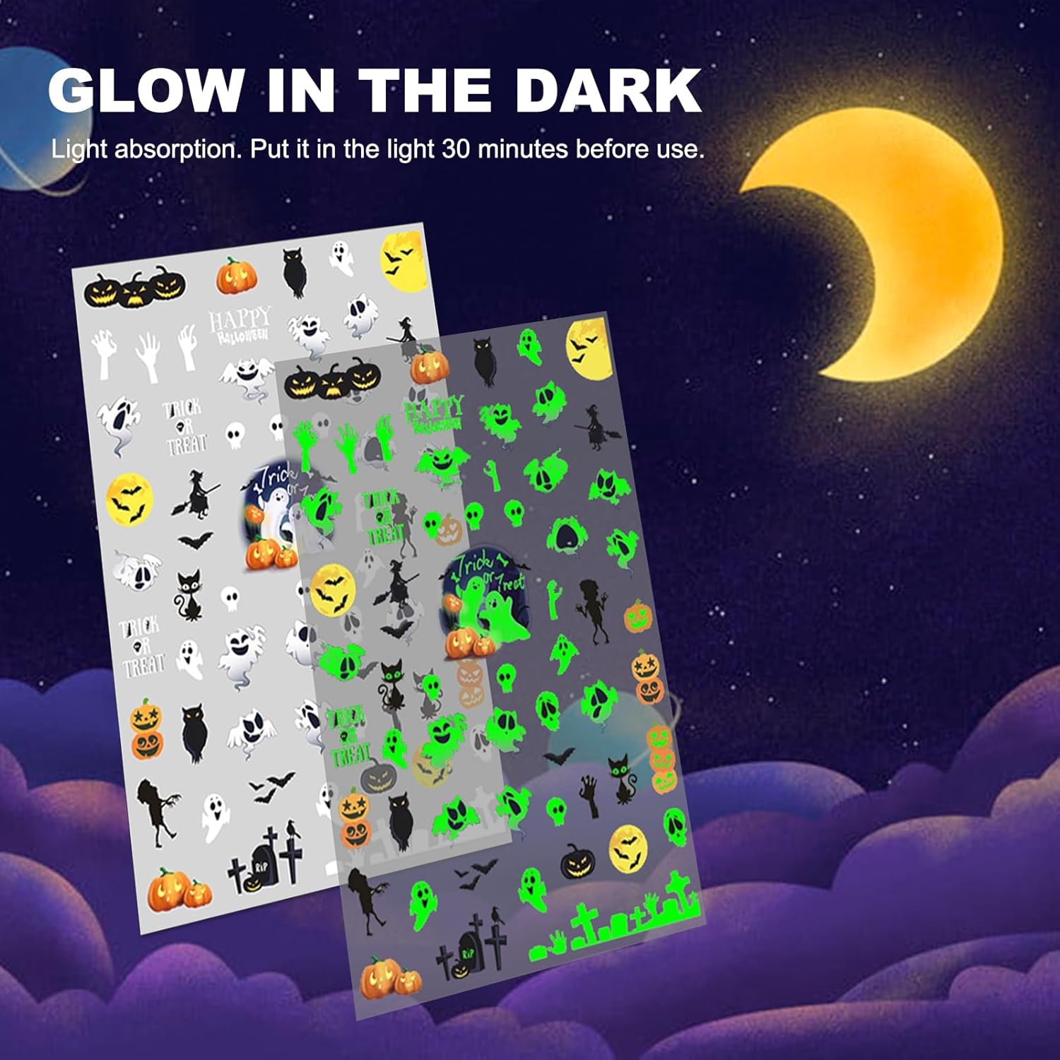 IDDFEVE Halloween Glow in The Dark Nail Stickers, 3D Luminous Ghost Nail Art Decals, Self-Adhesive Pumpkin Spider-Web Bat Design for DIY Supplies Decoration (8 Sheets)