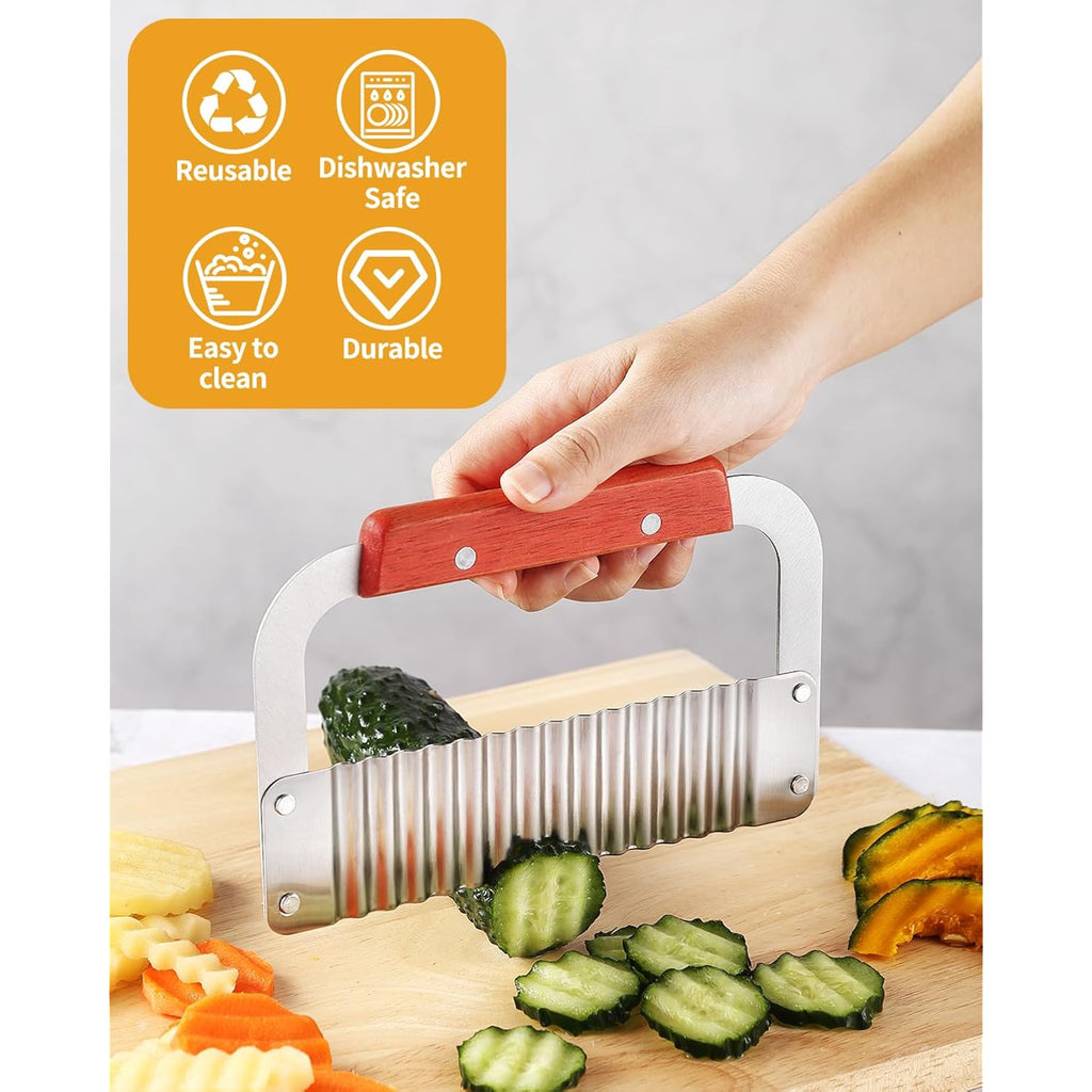 Crinkle Cutter Stainless Steel Potato Slicer Heavy Duty Wavy Crinkle Cutting Chopping Tools With Wooden Handle For Carrot Veggies