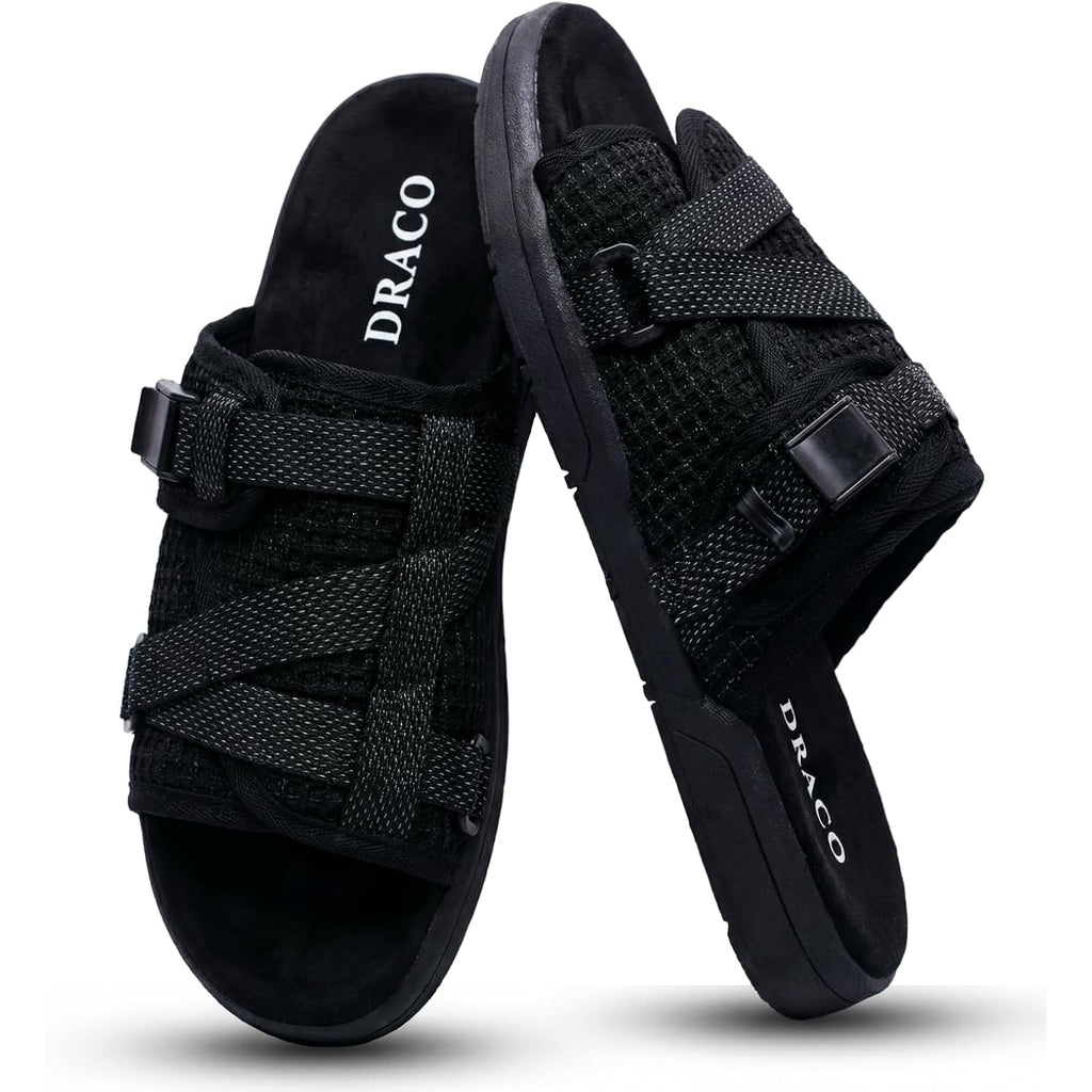 Draco Dracoslides Reflective Slides For Men And Women, Wrapped In Reflective 3M With Adjustable Straps For Wide/Narrow Feet, Sandals With Arch Support & Slip Resistant, Men & Women Footwear, Black