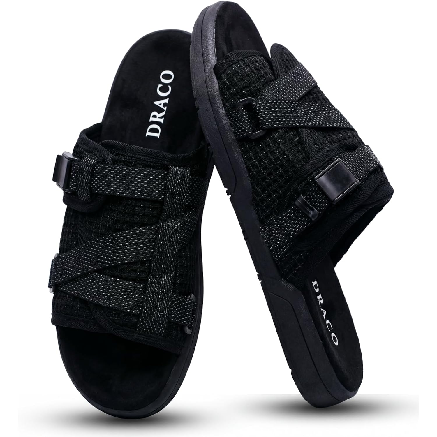Draco Dracoslides Reflective Slides For Men And Women, Wrapped In Reflective 3M With Adjustable Straps For Wide/Narrow Feet, Sandals With Arch Support & Slip Resistant, Men & Women Footwear, Black