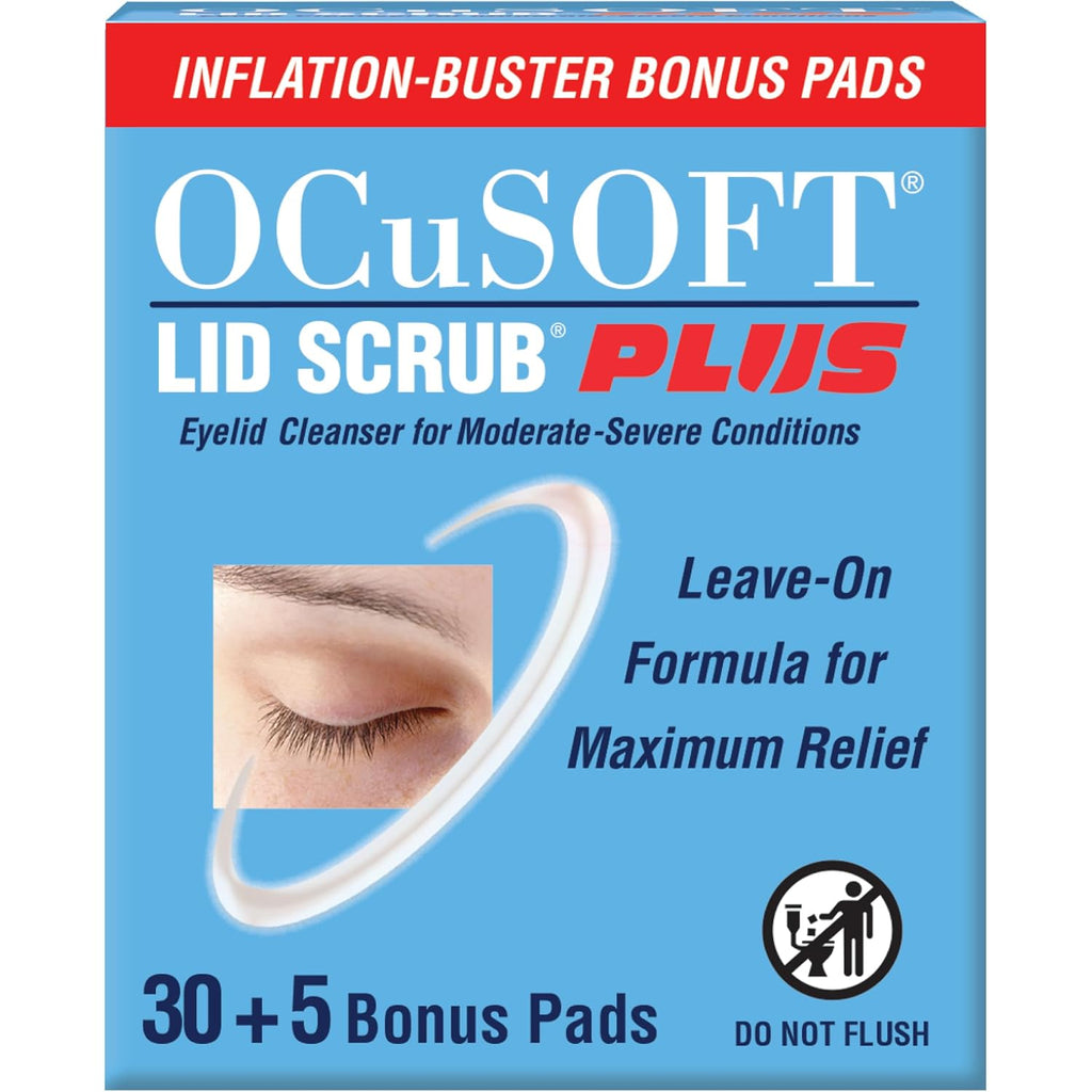 Ocusoft Lid Scrub Plus Inflation Buster – 5 Bonus Pads Included - Advanced Eyelid Cleanser For Intensive Lid & Lash Care - 35 Ct Pre-Moistened Pads
