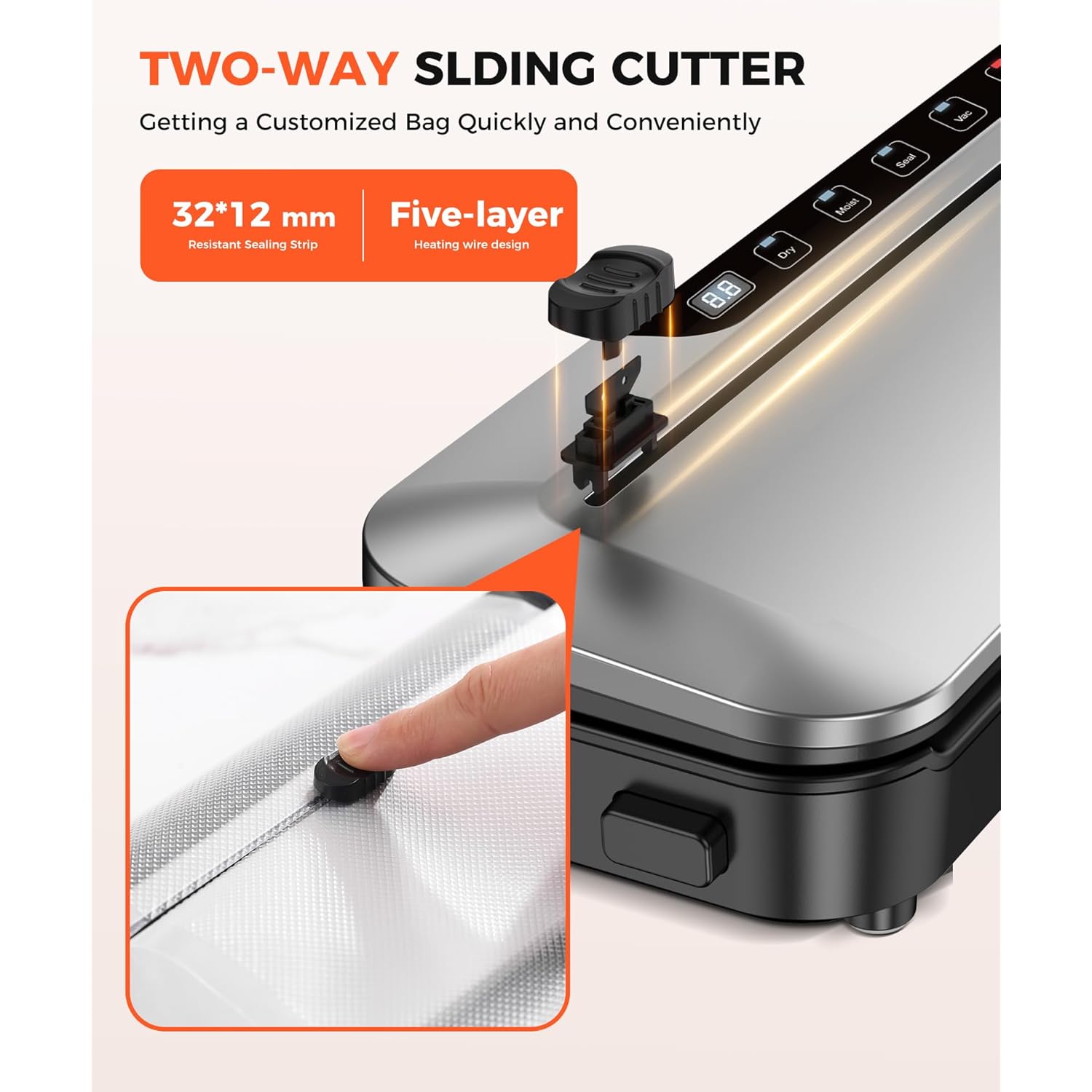 Vacuum Sealer Machine 75KPa Food with 6-in-1 Dry/Moist Modes & Digital Timer, Compact Lightweight Design, Built-in Cutter + 10 Bags (Black Silver)