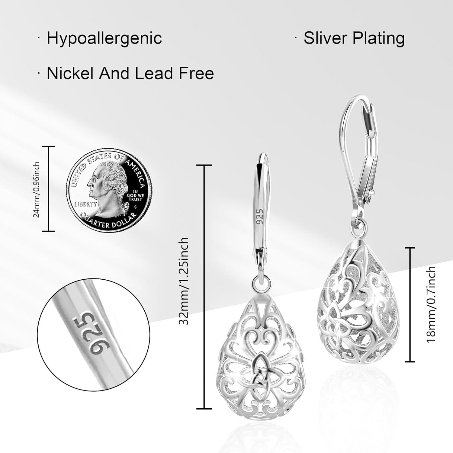 925 Sterling Silver 14K Gold French Style Leverback Earrings, Heart Dangle Drop Earrings for Women Hypoallergenic Jewelry