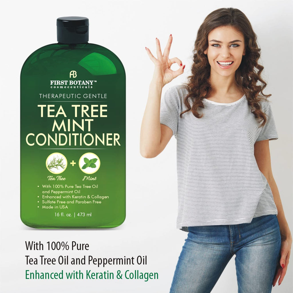 First Botany Tea Tree Mint Shampoo & Conditioner For Men & Women - Pure Tea Tree & Peppermint Oil - Fights Hair Loss, Dandruff, Lice & Itchy Scalp, Promotes Hair Growth - Sulfate Free - 16 Fl Oz X 2
