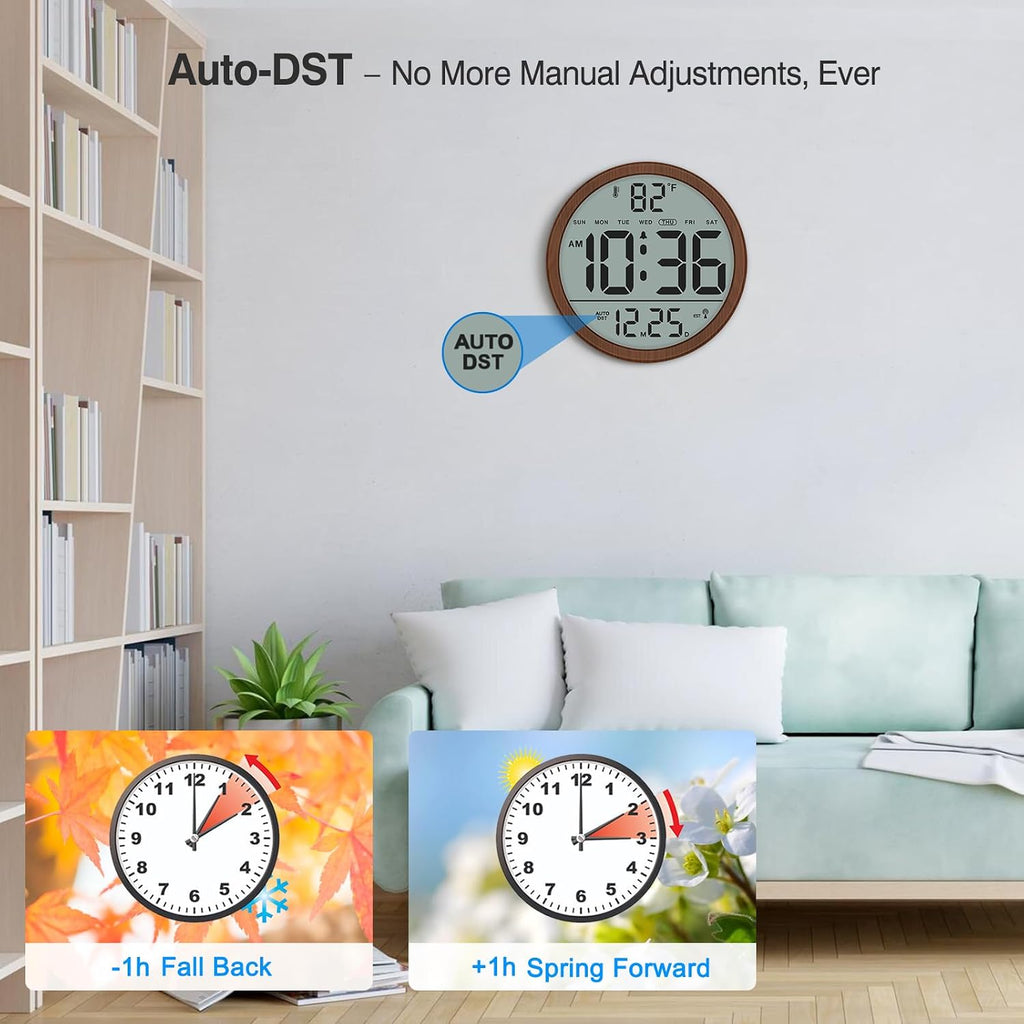 Atomic Wall Clock - Never Needs Setting, Digital Wall Clock Battery Operated With Date, Temp, Dst, Self-Setting Time, Easy To Read 8 Inch Display For Bedroom, Living Room, Home, Office