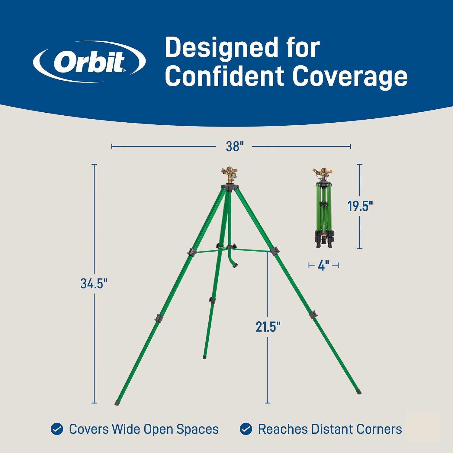 Orbit Tripod Lawn Zinc Impact Sprinkler - 360 Degree Rotating Yard Sprinkler With Adjustable Height - Heavy-Duty Zinc - High-Pressure Nozzle - For Large Lawn Coverage - 56667