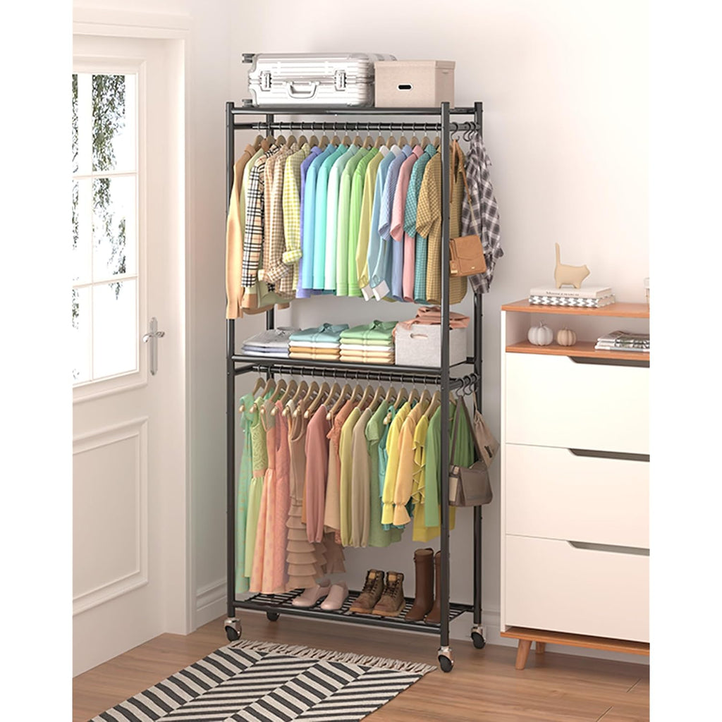 Clothes Rack - 33.0" X 12.2" X 79.5" Clothing Rack With Shelves & Wheels, Multi-Functional Wardrobe Closet With Hooks, Sturdy Metal Garment Rack For Bedroom, Laundry, Balcony (Black)