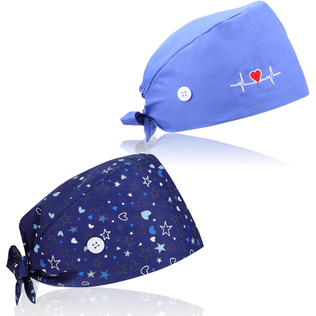 2Pcs Scrub Caps Women, Nursing Hats With Buttons & Sweatband Adjustable Bouffant Working Cap Surgery Cap Women