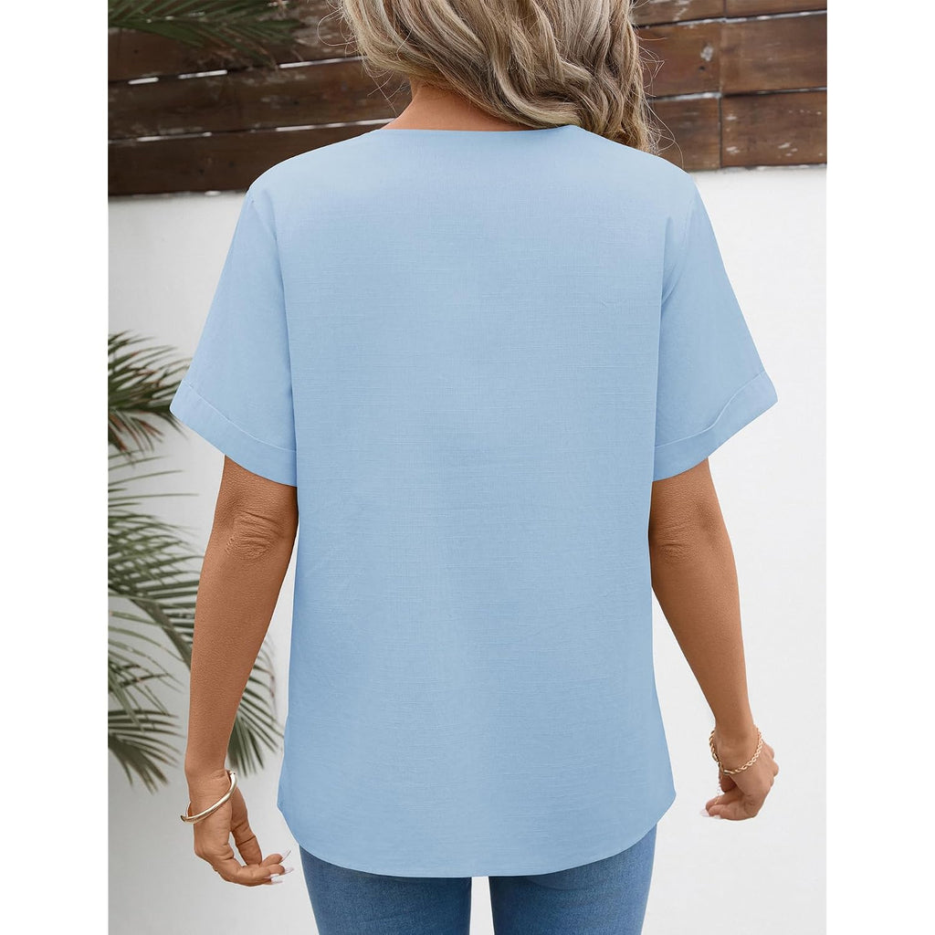 Lomon Womens Short Sleeve Tops Cotton Linen Shirts Loose Casual V Neck Lace Blouses Summer Vacation Clothes