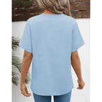 Lomon Womens Short Sleeve Tops Cotton Linen Shirts Loose Casual V Neck Lace Blouses Summer Vacation Clothes