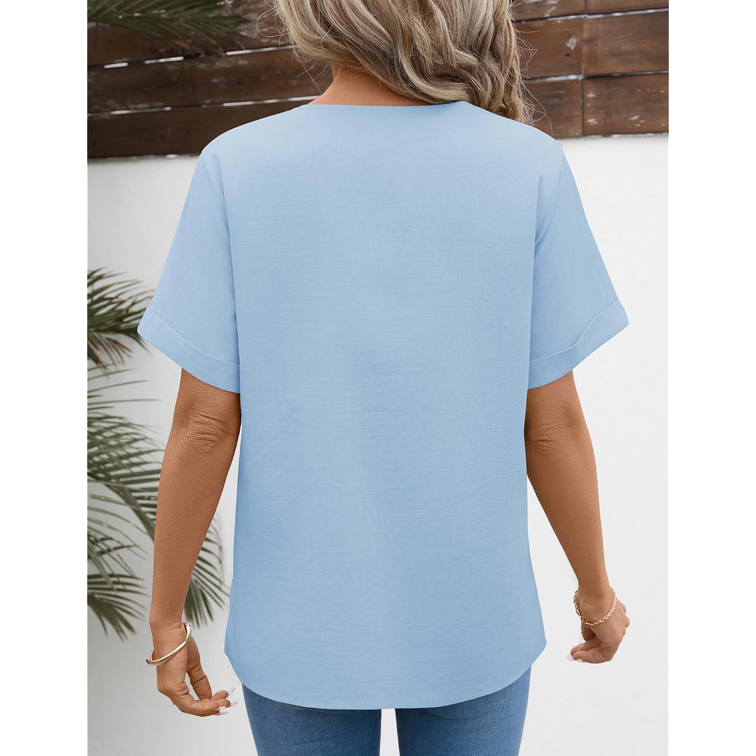Lomon Womens Short Sleeve Tops Cotton Linen Shirts Loose Casual V Neck Lace Blouses Summer Vacation Clothes
