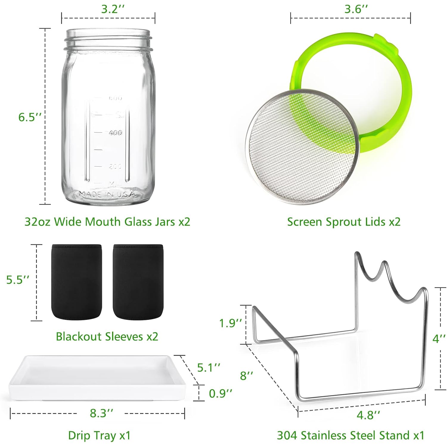 Seed Sprouting Kit, 2 Large Wide Mouth Mason Jars With Sprout Lids, Blackout Sleeves, Drain Tray, Stainless Steel Stand, Sprouts Growing Kit For Bean, Broccoli, Alfalfa (Yellow+Green)
