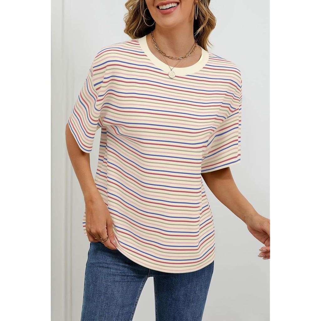 MEROKEETY Women's 2026 Summer Short Sleeve Tops Casual Colourful Striped Crewneck Loose Work T Shirts Blouses