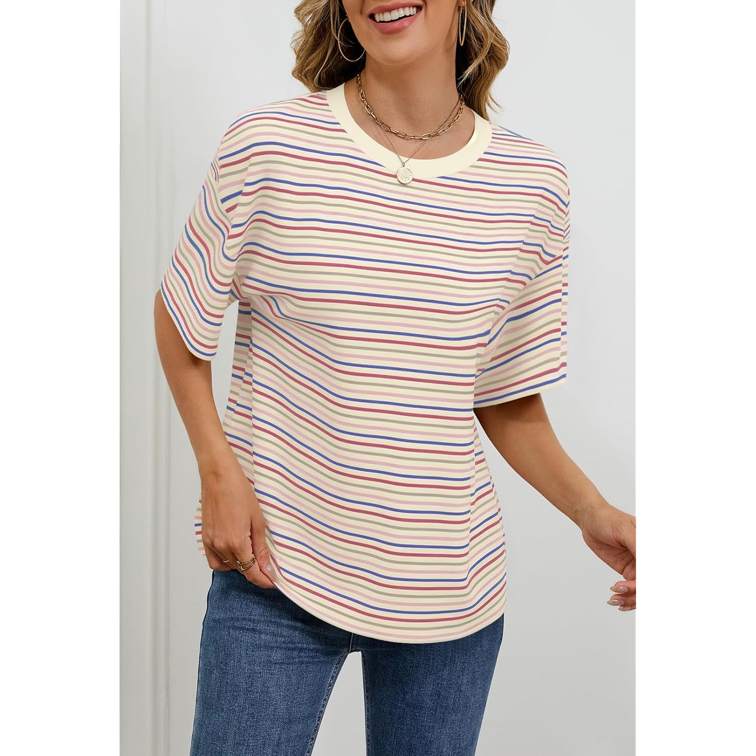 MEROKEETY Women's 2026 Summer Short Sleeve Tops Casual Colourful Striped Crewneck Loose Work T Shirts Blouses