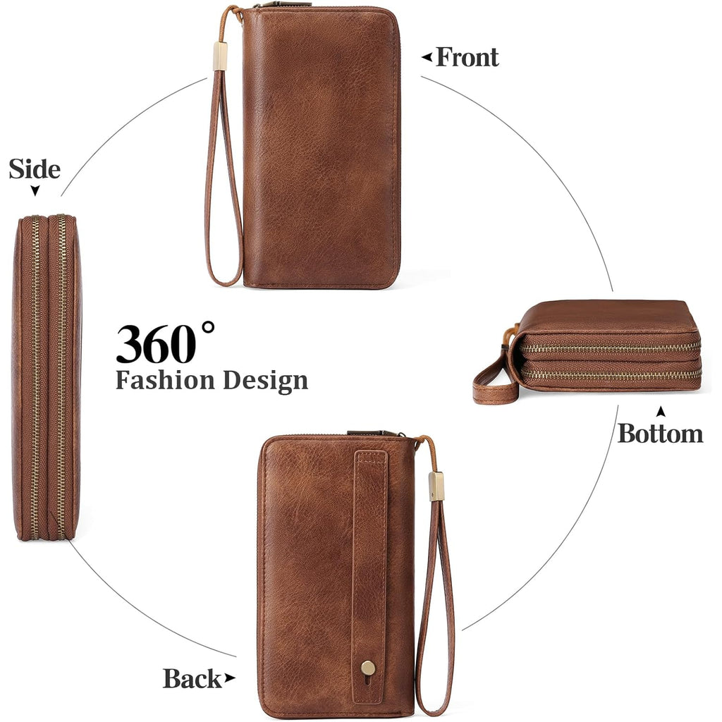 GAEKEAO Wallet for Women Clutch RFID Blocking Wristlet Leather Purse Large Capacity Credit Card Holder with Grip Hand Strap
