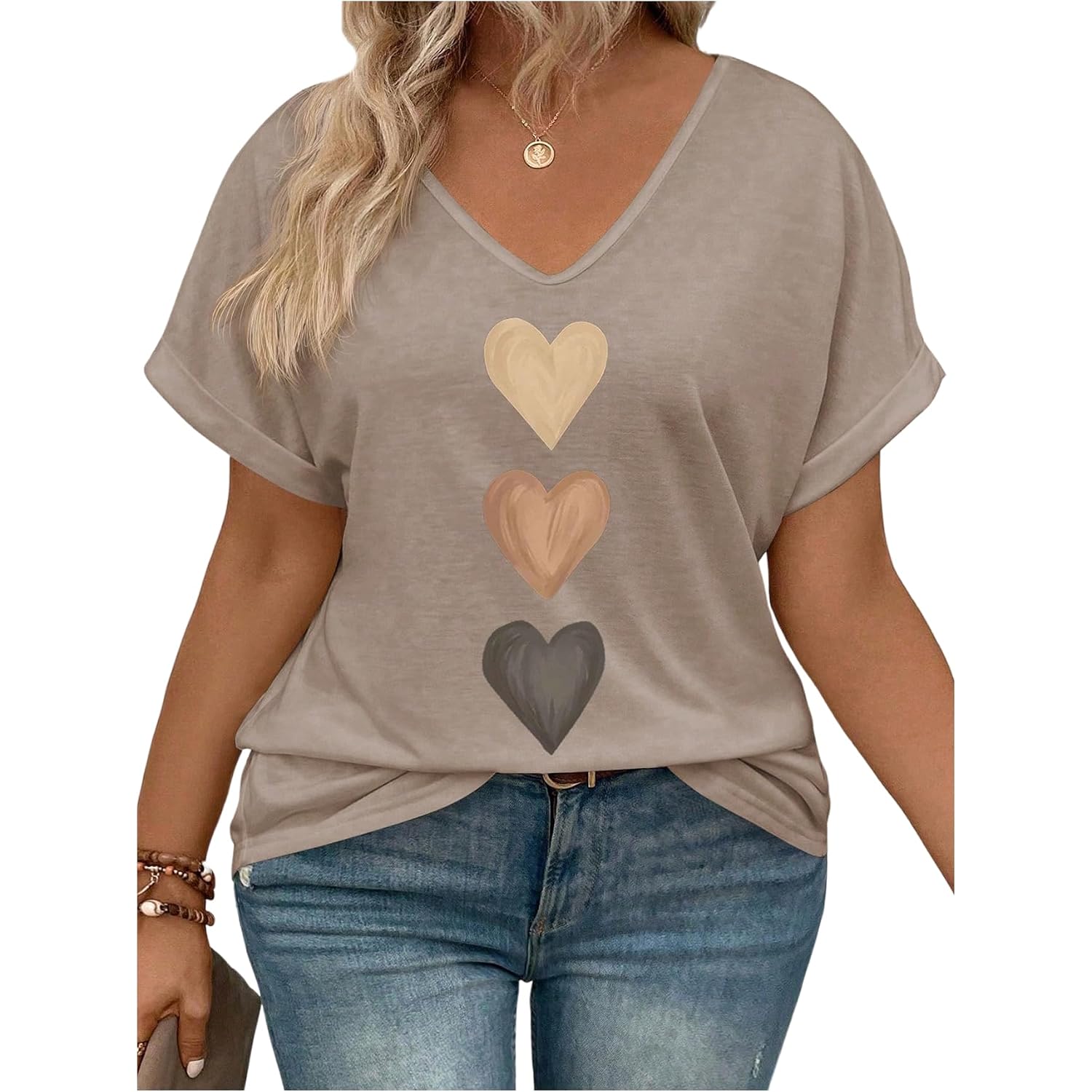 SOLY HUX Women's Plus Size Short Sleeve T Shirts V Neck Heart Graphic Summer Tee Tops Khaki Hearts