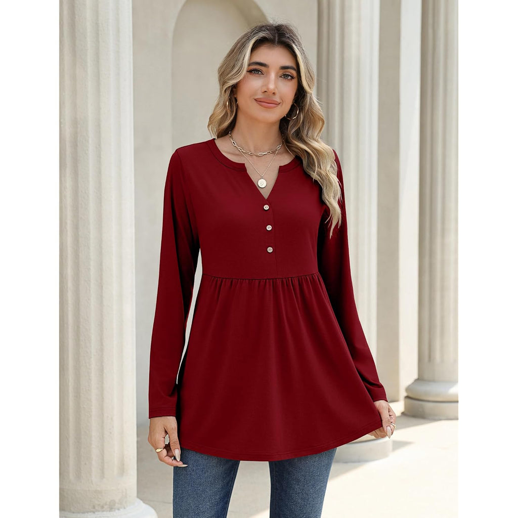 Zeagoo Women Blouses Long Sleeve Shirts Boho Henley V Neck Tops Business Casual Loose Pleated Fashion Clothing
